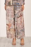 RANNA GILL_Beige Viscose Georgette Printed Milan Collared V Allegra Pleated Top And Pant Set _Online_at_Aza_Fashions