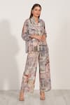 Buy_RANNA GILL_Beige Viscose Georgette Printed Milan Collared V Allegra Pleated Top And Pant Set 