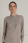 RANNA GILL_Grey Georgette Embroidered Rhinestone Mandarin Collar Bianca Top And Pant Set _Online_at_Aza_Fashions