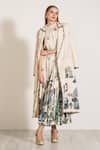 Buy_RANNA GILL_Beige Satin Blend Printed Windows Of The World Lapel Collar Sereine Long Jacket _Online_at_Aza_Fashions