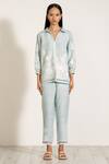 RANNA GILL_Blue Linen Blend Collared V Briella Floral Top And Pant Set _Online_at_Aza_Fashions