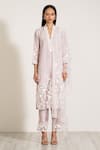 RANNA GILL_Grey Linen Blend V Neck Sarina Floral Applique Work Tunic Pant Set _Online_at_Aza_Fashions