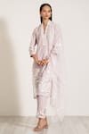 Buy_RANNA GILL_Grey Linen Blend V Neck Sarina Floral Applique Work Tunic Pant Set _Online_at_Aza_Fashions