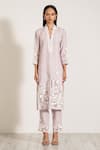 RANNA GILL_Grey Linen Blend V Neck Sarina Floral Applique Work Tunic Pant Set _at_Aza_Fashions