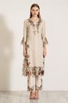 RANNA GILL_Ivory Linen Blend Printed V Neck Lyra Embroidered Tunic Pant Set _at_Aza_Fashions