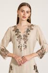 Shop_RANNA GILL_Ivory Linen Blend Printed V Neck Lyra Embroidered Tunic Pant Set 