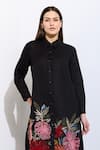 RANNA GILL_Black Crepe Blend Embroidered Floral Applique Collared Zinnia Work Tunic _Online_at_Aza_Fashions