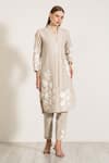 RANNA GILL_Beige Linen Blend Embroidered Floral Lace Hazel Applique Work Tunic And Pant Set _Online_at_Aza_Fashions