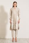 Shop_RANNA GILL_Beige Linen Blend Embroidered Floral Lace Hazel Applique Work Tunic And Pant Set _Online_at_Aza_Fashions