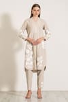 Shop_RANNA GILL_Beige Linen Blend Embroidered Floral Lace Hazel Applique Work Tunic And Pant Set 