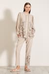 Buy_RANNA GILL_Beige Crepe Blend Embroidered Floral Round Catrine Top And Pant Set _at_Aza_Fashions