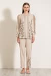 Buy_RANNA GILL_Beige Crepe Blend Embroidered Floral Round Catrine Top And Pant Set _Online_at_Aza_Fashions