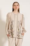 RANNA GILL_Beige Crepe Blend Embroidered Floral Round Catrine Top And Pant Set _at_Aza_Fashions