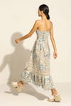 Shop_RANNA GILL_Multi Color Linen Blend Printed Bird Jay Sweetheart Neck Alvie Tiered Dress _at_Aza_Fashions