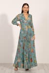 Buy_RANNA GILL_Blue Viscose Georgette Printed Montana Plunge V Neck Dulce Pleated Dress _at_Aza_Fashions