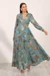 RANNA GILL_Blue Viscose Georgette Printed Montana Plunge V Neck Dulce Pleated Dress _Online_at_Aza_Fashions