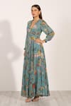 Buy_RANNA GILL_Blue Viscose Georgette Printed Montana Plunge V Neck Dulce Pleated Dress _Online_at_Aza_Fashions