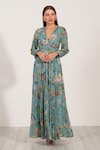 Shop_RANNA GILL_Blue Viscose Georgette Printed Montana Plunge V Neck Dulce Pleated Dress _Online_at_Aza_Fashions