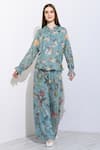 Buy_RANNA GILL_Blue Viscose Georgette Printed Montana Ruffle Neck Fiorella Top And Pant Set _at_Aza_Fashions