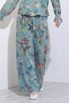 Shop_RANNA GILL_Blue Viscose Georgette Printed Montana Ruffle Neck Fiorella Top And Pant Set _Online_at_Aza_Fashions