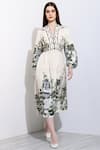 Buy_RANNA GILL_Ivory Linen Blend Printed Windows Of The World V Neck Rebecca Dress _at_Aza_Fashions