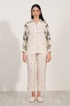 RANNA GILL_Ivory Linen Blend Printed Windows Of The World Collar Antonia Lantern Top _Online_at_Aza_Fashions