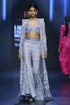 Buy_Ritika Mirchandani_Blue Net Embroidery Crystal Scoop Neck Enigma Chevron Wave Jacket Sharara Set _at_Aza_Fashions