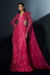 Buy_Ritika Mirchandani_Pink Crepe Embroidery Stellar Aztec Bloom Pre Draped Slit Saree With Blouse _at_Aza_Fashions