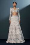 Ritika Mirchandani_Ivory Crepe Embroidered Crystal V Neck Imperia Lehenga Set _Online_at_Aza_Fashions