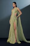 Buy_Ritika Mirchandani_Green Crepe Embroidered Crystal Sweetheart Seraphina Pre-draped Slit Saree Set _at_Aza_Fashions