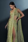 Shop_Ritika Mirchandani_Green Crepe Embroidered Crystal Sweetheart Seraphina Pre-draped Slit Saree Set _at_Aza_Fashions