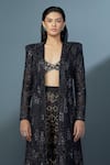 Ritika Mirchandani_Black Crepe Embellished Crystal Coat Neptara Mesh Trench Sheer Sharara Set _Online_at_Aza_Fashions