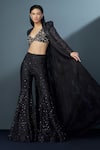 Shop_Ritika Mirchandani_Black Crepe Embellished Crystal Coat Lapel Siriara Mesh Trench Sharara Set _Online_at_Aza_Fashions