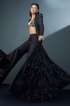 Ritika Mirchandani_Black Crepe Embellished Crystal Coat Lapel Siriara Mesh Trench Sharara Set _at_Aza_Fashions