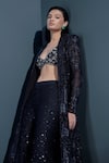 Buy_Ritika Mirchandani_Black Crepe Embellished Crystal Coat Lapel Siriara Mesh Trench Sharara Set 