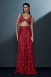 Ritika Mirchandani_Red Crepe Embellished Crystal V-neck Oracle Mermaid Slit Lehenga With Blouse _Online_at_Aza_Fashions