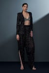 Shop_Ritika Mirchandani_Black Crepe Embellished Crystal Blazer Celestique Sequin Mesh Dhoti Pant Set _at_Aza_Fashions