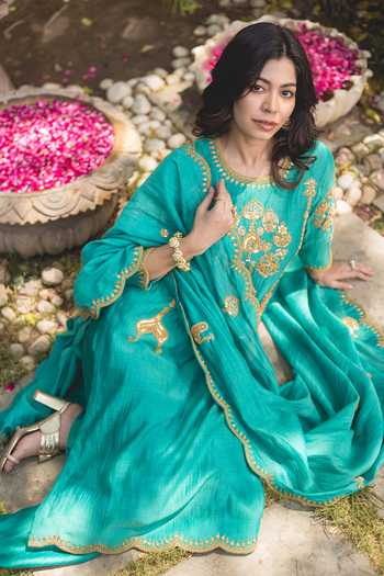 Shop_Surbhi Shah_Green Chanderi, Cotton Sequins, Embroidery Boat Neck Marodi Kurta Set _Online_at_Aza_Fashions