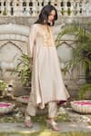 Buy_Surbhi Shah_Beige Chanderi Embroidery Marori Notched Banarasi Kurta And Pant Set _Online_at_Aza_Fashions