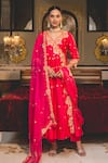 Buy_Surbhi Shah_Red Spandex Pearls, Embroidery, Gota Patti V-neck Marori Angarkha And Pant Set _at_Aza_Fashions