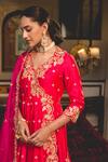 Shop_Surbhi Shah_Red Spandex Pearls, Embroidery, Gota Patti V-neck Marori Angarkha And Pant Set _at_Aza_Fashions