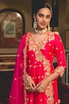 Surbhi Shah_Red Spandex Pearls, Embroidery, Gota Patti V-neck Marori Angarkha And Pant Set _Online_at_Aza_Fashions
