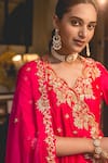 Buy_Surbhi Shah_Red Spandex Pearls, Embroidery, Gota Patti V-neck Marori Angarkha And Pant Set _Online_at_Aza_Fashions