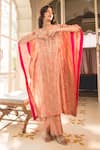 Buy_Surbhi Shah_Peach Spun Silk Embroidery Floral Notched Pearl Kaftan With Pant _at_Aza_Fashions