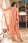 Shop_Surbhi Shah_Peach Spun Silk Embroidery Floral Notched Pearl Kaftan With Pant _at_Aza_Fashions