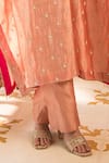 Surbhi Shah_Peach Spun Silk Embroidery Floral Notched Pearl Kaftan With Pant _Online_at_Aza_Fashions