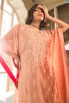 Buy_Surbhi Shah_Peach Spun Silk Embroidery Floral Notched Pearl Kaftan With Pant _Online_at_Aza_Fashions