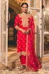 Buy_Surbhi Shah_Red Spun Silk Embroidery Pearl Leaf Marori Straight Kurta And Pant Set _at_Aza_Fashions