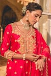 Surbhi Shah_Red Spun Silk Embroidery Pearl Leaf Marori Straight Kurta And Pant Set _Online_at_Aza_Fashions