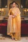 Buy_Surbhi Shah_Yellow Spun Silk Embroidery Pearl Notched Gota Straight Kurta And Pant Set _at_Aza_Fashions